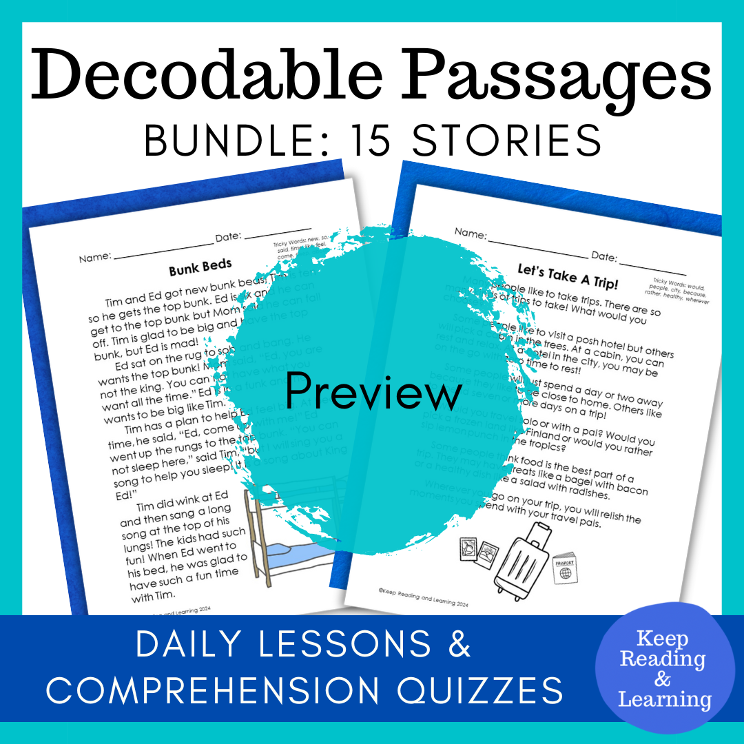 Decodable passages with weekly lessons and comprehension questions